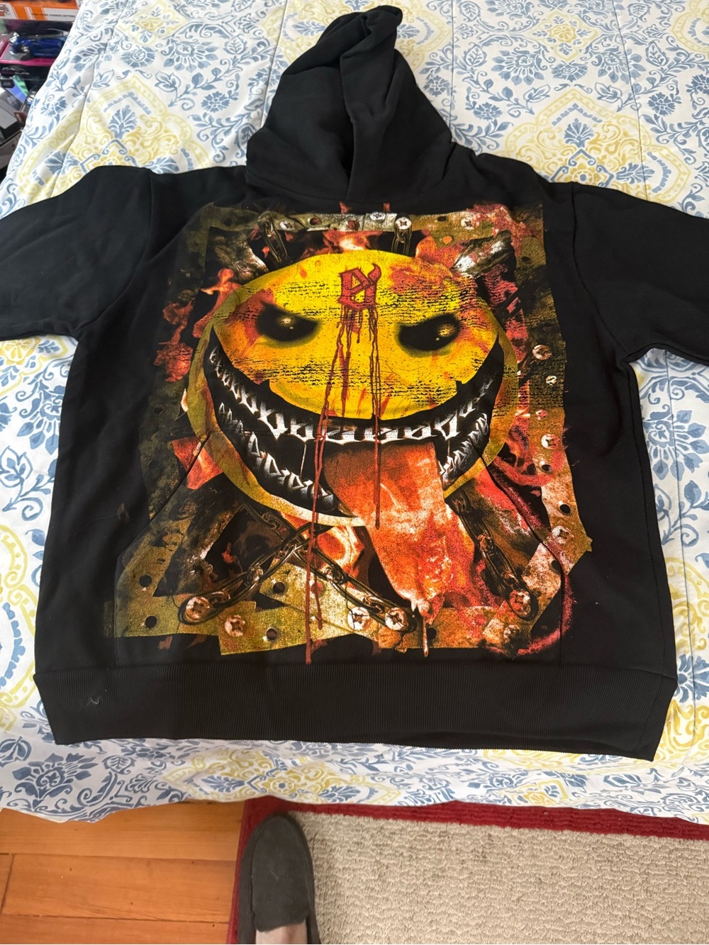 Evil Vice Mens Black Graphic Hoodie with Yellow and Red Metallic Print